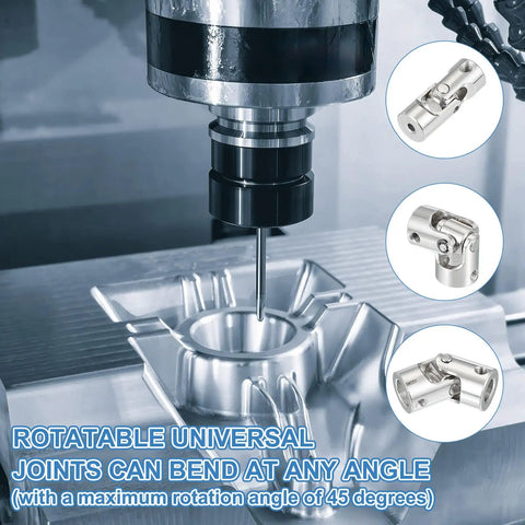 Rotatable Universal Steering Shaft U Joint Coupler Set for RC cars and robotics shown in use next to milling machine, silver finish