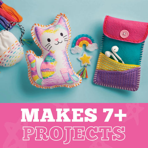 Beginner Sewing Kit With Nine Fun Projects For Kids Ages Seven And Up Includes Fabric Thread Stuffing Pouch Scrunchies Needle Book Pin Cushion Colorful Stuffed Toy And A Phone Case With Easy To Follow Instructions colorful stuffed toy and phone case.
