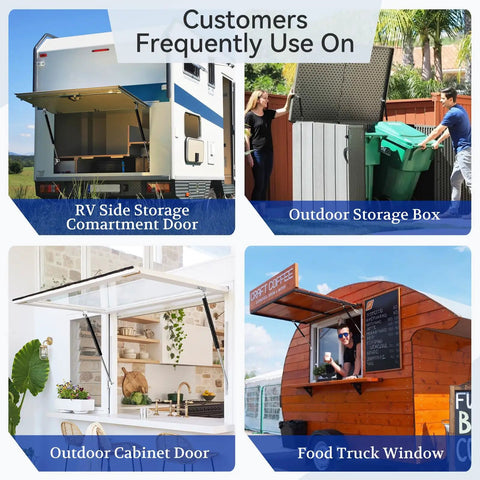 Heavy Duty Gas Struts Two Pack For Rv Beds And Truck Tool Boxes Featuring Twenty Inch One Hundred Pound Hydraulic Shocks used on RV storage doors, outdoor storage, cabinets, and food truck windows.