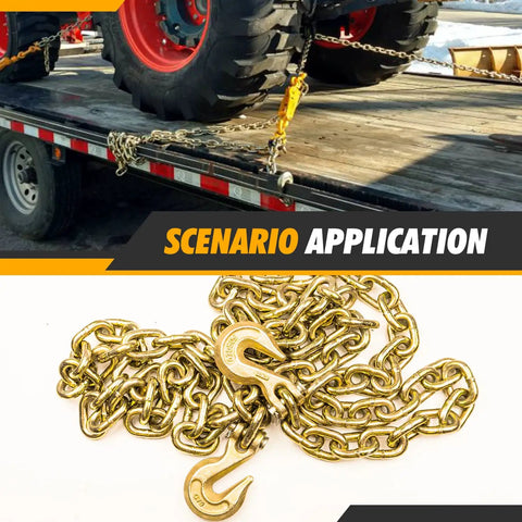 Badass Two Pack Ratchet Load Binder With Grade 70 Hook To Hook Five Sixteen Inch By Ten Foot Chains used for securing heavy equipment on a trailer.