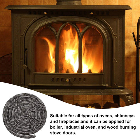 Coiled wood stove door gasket rope, graphite-impregnated fiberglass, 1/2 x 84 in, shown beside a lit stove.