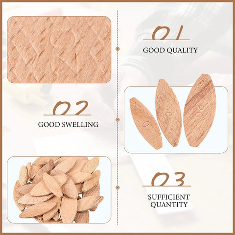 Beechwood Wood Joiner Biscuits Mixed Sizes Zero Ten Twenty Three Hundred Piece Knockout Kit, showcasing quality, swelling, and quantity.