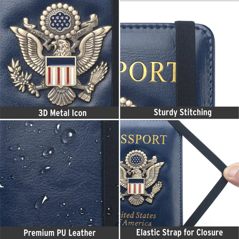 Close-up of RFID Blocking Passport Holder Travel Wallet With Vaccine Card Slot Waterproof Leather US Passport Cover, 3D eagle emblem, PU leather.