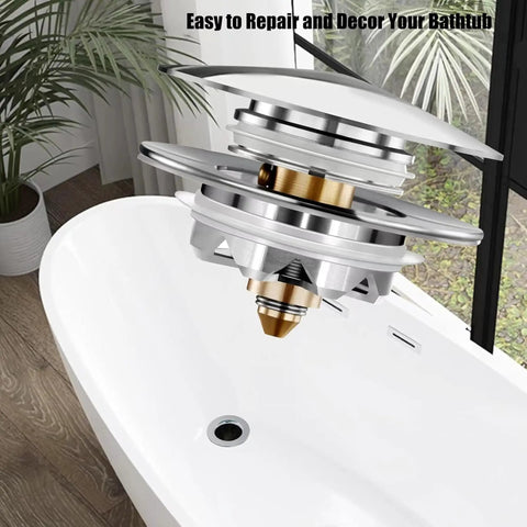 Bathtub Drain Stopper Pop Up Tub Stopper Hair Catcher with universal design above a white bathtub.