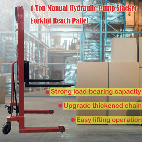 The Real Deal Manual Pallet Lifter With A Hefty 1 Ton 2204 Lbs Capacity And A Snappy 63 Inch Lift Height Single Sided Hydraulic Hand Pallet Truck shown in a warehouse.