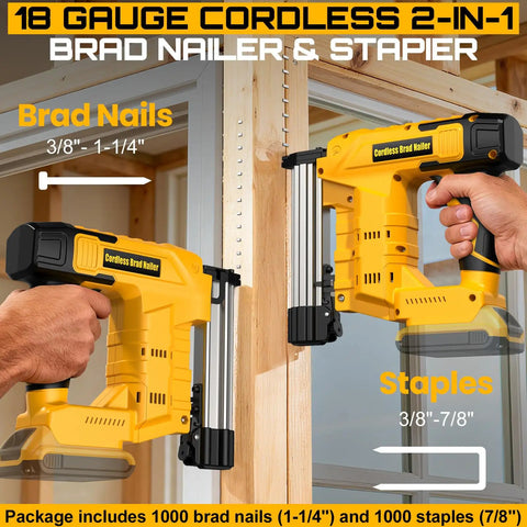 Boss Grade 18 Gauge Cordless Brad Nailer And Electric Staple Gun Two In One Workhorse showing brad nails and staple size options.