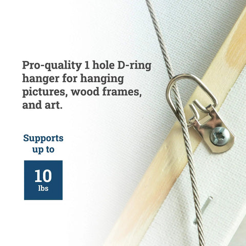 Close-up of a metal D-ring hanger on wood frame with wire, supporting up to 10 lbs. Bulk Deal 1000 Pack Small D Ring Picture Hangers With Screws For Frames 10 Lb Metal D Rings Pro Grade Easy Install Frame Hanging Hardware Hangers Silver Finish.