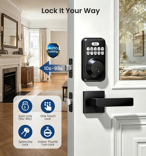 Heavy Duty Keyless Entry Deadbolt Lock Paired With Smooth Lever Handle Set In Matte Black Touchscreen Security Keypad For Front Door viewed on a white door.