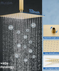 Brushed Nickel Ceiling Mount Rainfall Shower Head System With 10 Inch Square Head, showing water flow and nozzle features.