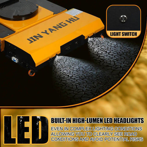 Rock Solid Heavy Duty Electric Machine Mover With Industrial Polyurethane Wheels And Beefy Copper Motor For Zero Sweat Factory Moves And Heavy Load Transporting Tasks showcasing LED headlights illuminating surface.