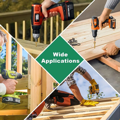 Collage of various drill applications using Heavy Duty Outdoor Deck Screws 4 And A Half Inch 50 Pack Star Drive Wood Screws for projects.