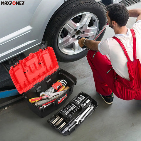 Mechanic using Portable Tool Box Set 3 Pack With Removable Tray near car, open red-black toolbox with tools visible