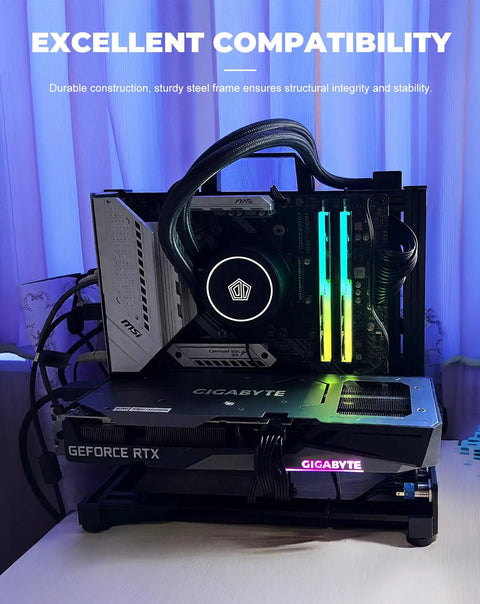 Open Air PC Test Bench Frame For ITX ATX MATX EATX Rigs, Universal DIY Motherboard Chassis Mount with components installed