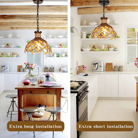 Split view showing Rustic Deer Antler Pendant Ceiling Light With Aged Iron Accents in different chain lengths over kitchen islands.