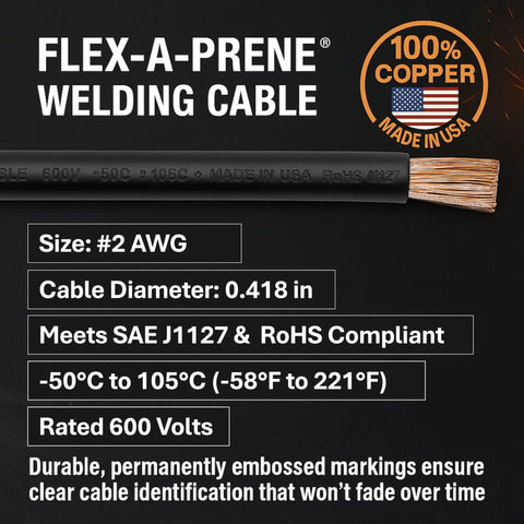 Flex-A-Prene cable specs, Size #2 AWG, 100% copper, rated 600 volts, 200 Amp Welding Electrode Holder Lead Assembly With Terminal Lug Connector