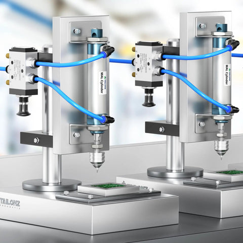 25mm Bore 50mm Stroke Pneumatic Air Cylinder Double Acting With Y Connector And Two 6mm Fittings Port Size One Eighth Aluminum Body installed on machinery