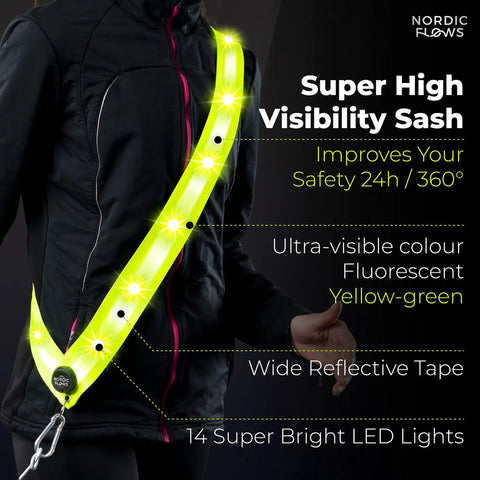 Rechargeable LED Reflective Safety Sash Featuring Three Custom Flashing Modes To Keep You Lit Safe And Street Sharp While Cruising The Sidewalks Or Cranking Out Night Miles, showcasing ultra-visible yellow-green color and LED lights.