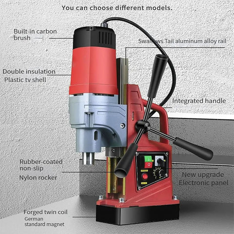 Highly Portable Magnetic Drill Press With 1350W Motor And 16mm Boring, showing integrated handle and electronic panel details.
