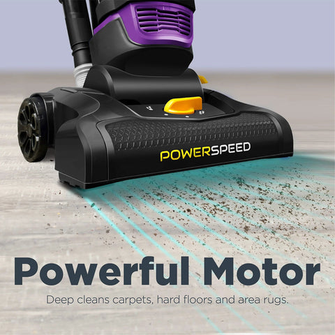 Front view of a purple PowerSpeed bagless upright vacuum cleaner with yellow controls.