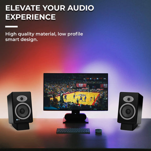Angled Desktop Speaker Stands With Anti Slip Silicone Wedges For Medium Speakers, Vibration Resistant Riser shown with monitor setup