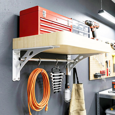 White Heavy Duty Floating Shelf Brackets Tough As Nails Rock Solid Wall Mount Supports handles tools in garage setting.