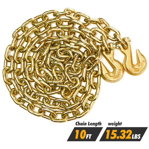 Beefed Up Heavy Duty Chain Binder Kit With Three Eighths Inch By Ten Foot Chains Includes Two Binders And Two Chains For Industrial Farm Towing And Logging Use Grade 70 ABS 26400 Lbs Breaking Strength WLL 6600 Lbs Yellow Galvanized showing yellow chain with hooks, 10ft length, 15.32 lbs weight