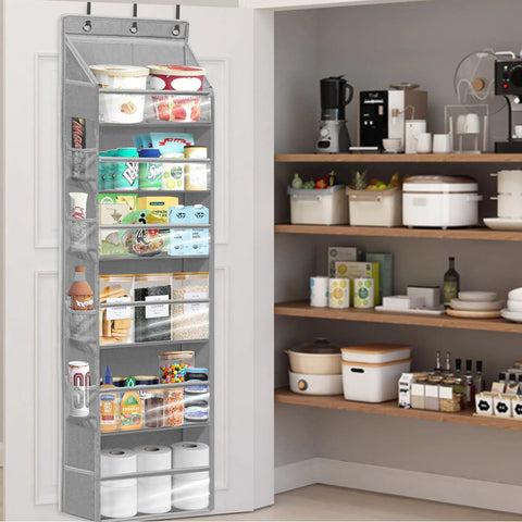 Over the Door Shoe Rack Organizer 6 Tier 66 Lbs Capacity 600D Oxford Fabric Grey 2 Pack in kitchen storing food items.