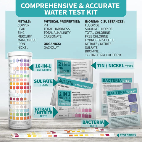 22 In 1 Water Test Kit With 130 Strips For Well Tap Pool And Spa Testing Fluoride Lead Hardness Chlorine Iron Copper And More No Hassle Easy At Home Water Analysis For Safer Drinking And Everyday Use shown with strips and packaging.