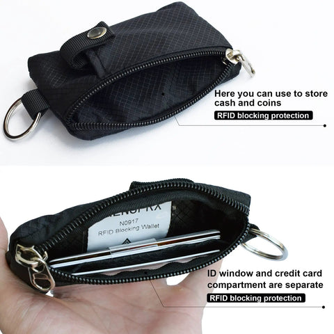 Ultra Slim RFID Blocking Wallet With ID Window And Lanyard, Water Resistant Zip Case For Cards And Cash, Unzipped View