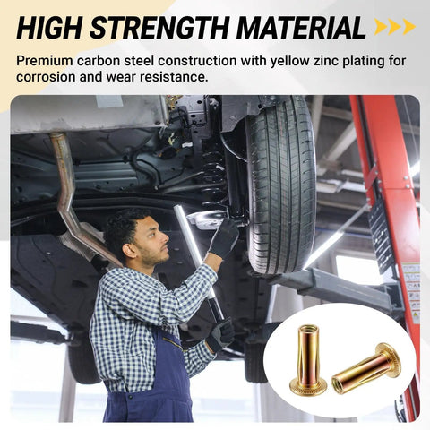 Mechanic using 100 Pcs 1/4-20 Rivet Nuts Multi Grip Threaded Insert Nut Kit Zinc Plated Steel Flat Head Nutserts for auto body repair.