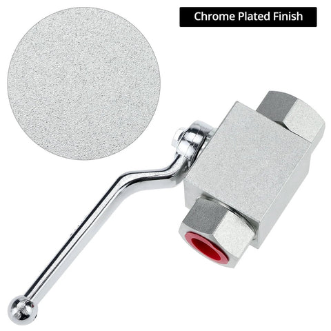 Angled view of chrome-plated hydraulic ball valve, 1/2'' NPT, 2-way shut-off with curved lever handle