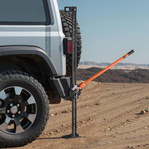 48 Inch High Lift Farm Jack Featuring A Badass 7000 Pound Ratcheting Build For Off Road Recovery mounted on SUV side.