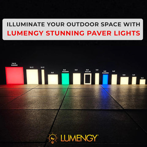 Various Lumengy paver lights, including 4x8 Inch Paver Light With 2700K Warm White Glow, displayed in a row.