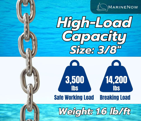 Three Eighths Inch G43 Marine Grade Stainless Steel Anchor Chain With Mirror Polished Finish ISO AISI 316 Saltwater Ready