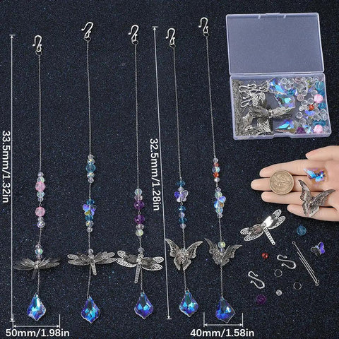 Do It Yourself Suncatcher Kit With Rainbow Prism Beads And Filigree Butterfly Dragonfly Charms, Glass Crystal Drops displayed with components