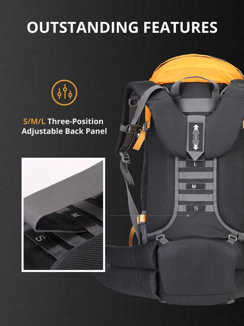 Back view of 65L Internal Frame Hiking Backpack With Rain Cover For Camping, featuring three-position adjustable back panel.