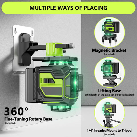 Ultra Bright 16 Line 360 Self Leveling Laser Level With 4D Green Cross Lines mounted on wall with magnetic bracket