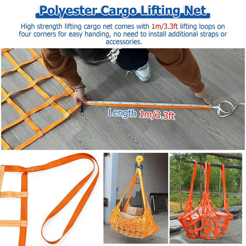 Heavy Duty Cargo Net For Trucks SUVs And Trailers 3.3 By 3.3 Feet with lifting loops, shown in use and measurement display.