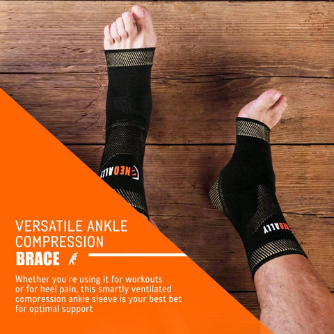 Copper Infused Ankle Support Sleeve With Gel Pads For Plantar Fasciitis And Sprained Ankles on feet, medium size