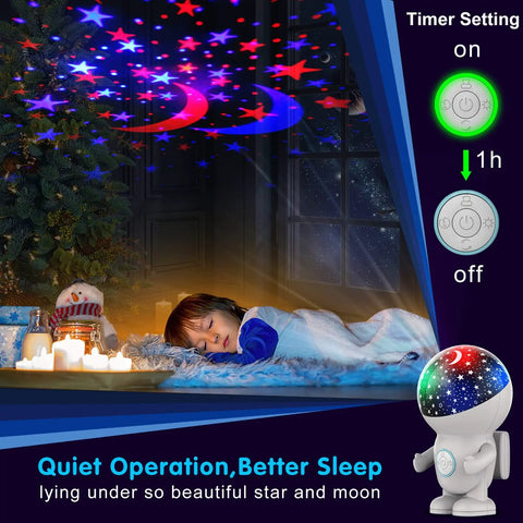 Child sleeping under starry sky projected by Kids Night Light Astronaut Star Projector with Energy Halo and 360 Degree Rotation.