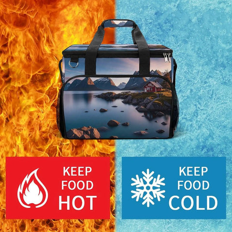 Leakproof Insulated Picnic Backpack Cooler Bag With 30L Capacity shown with hot and cold icons.