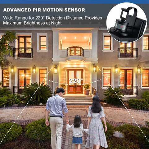 Smart Motion Sensor Outdoor Wall Lantern Dusk To Dawn Sconce in matte black installed on a porch with nighttime illumination.