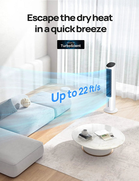 Evaporative Air Cooler 40 Inch Tower Fan With 80 Degree Oscillation in living room, showing airflow reaching up to 22 ft/s