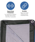 Corner view of Heavy-Duty Waterproof Tarp 30x40 Ft Finished Size 29 Ft 2 In By 39 Ft 4 In 8 Mil showing reinforced grommet and edge detail.