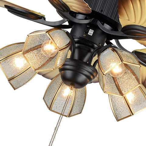 52 Inch Tropical Ceiling Fan With Light And Remote Control Palm Leaf Blades With 5 Glass Lampshades