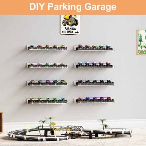 Upgrade Your Space With This 16 Pack 15 Inch Clear Acrylic Wall Shelf Set Floating Storage Organizers For Bedroom Closet Bathroom Solid Space Savers That Stack Up Your Gear Without The Clutter Or Mess. Display of toy cars on clear shelving with a DIY parking garage theme.
