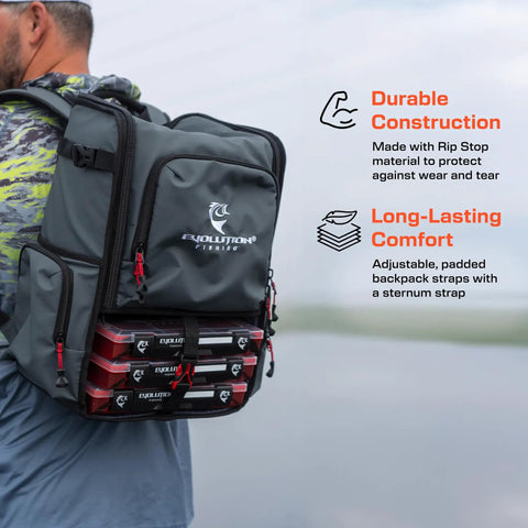 Man wearing grey Largemouth 3.0 Tackle Backpack with patent pending modular dividers, visible drift trays, and durable construction.