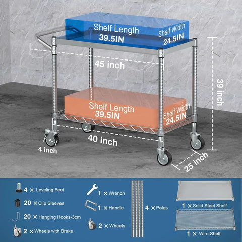 Heavy Duty 45 Inch Rolling Utility Cart With Hella Roomy Two Tier NSF Certified Steel Storage Shelf For Warehouse And Home Garage, dimensions and parts labeled.