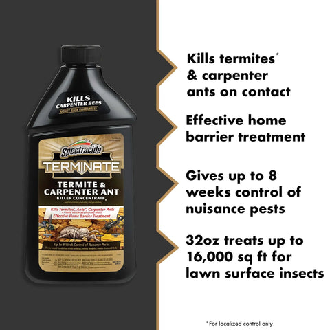 Image of Termite And Carpenter Ant Killer Concentrate 32 Ounces Outdoor Barrier Spray For Home Defense with features listed