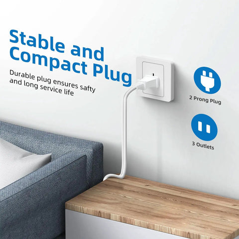 Indoor Extension Cord 12 Foot 2 Prong Power Cable With 3 Polarized Outlets And Safety Slide Windows 13A 1625W 16 AWG Durable Indoor Cord Ideal For Home Office Dorm Workshop 2 Pack Everyday Use, wall outlet by bed